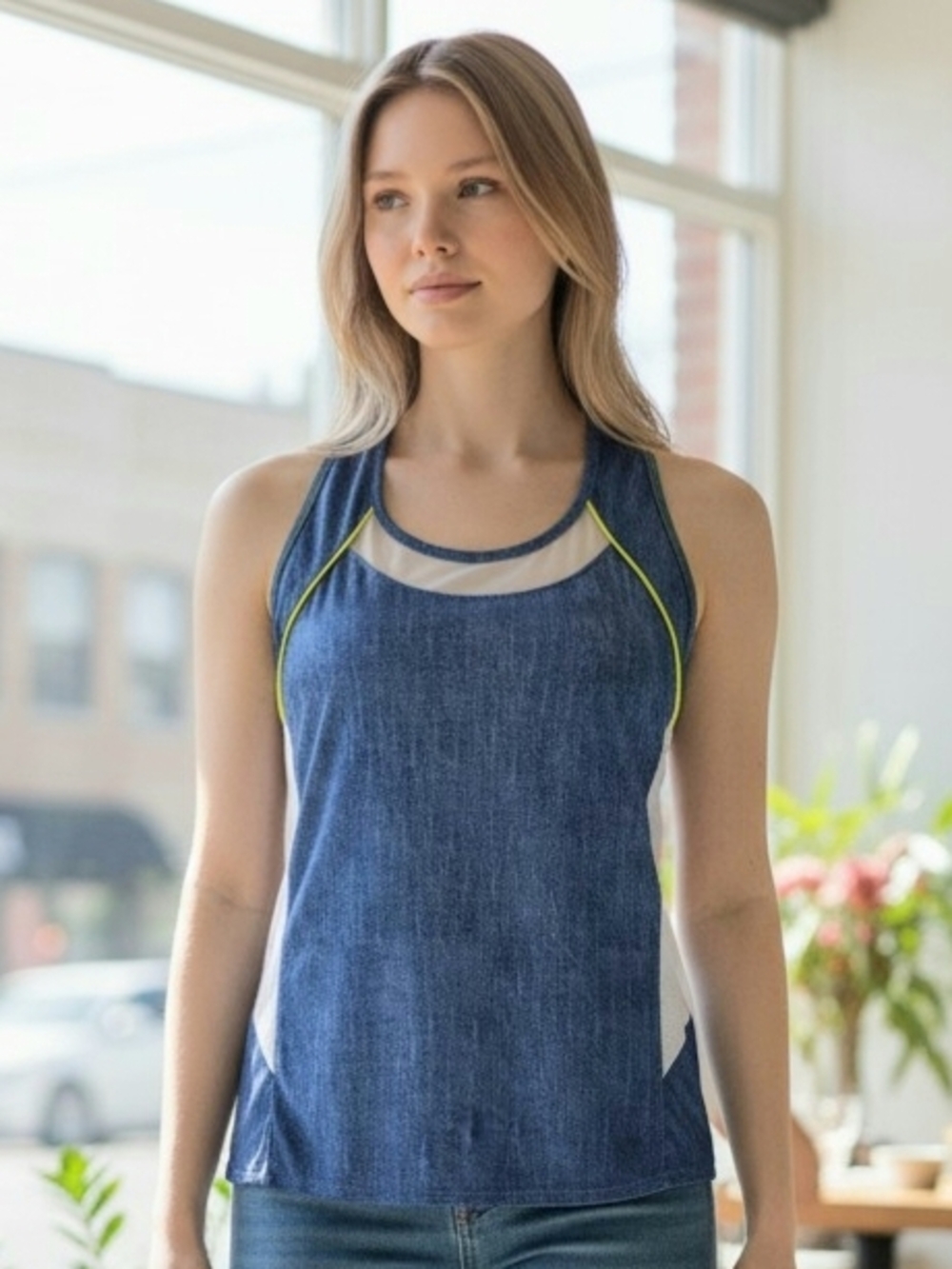 Lucky in Love Blue Denim-Look Mesh Insert Tank with Neon Trim